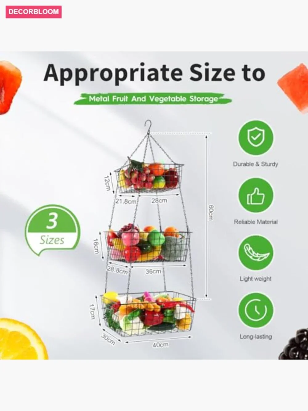 3 Tier Hanging Fruit Basket Square 35.4 Inch Heavy Duty Wire Organizer with